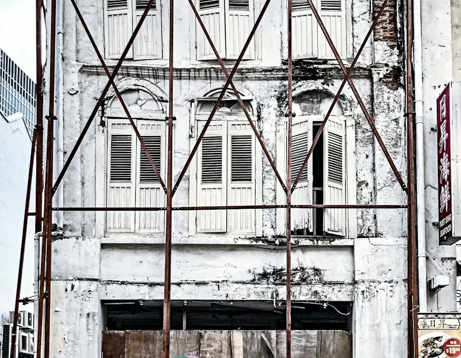 Shophouse facade under scaffolding